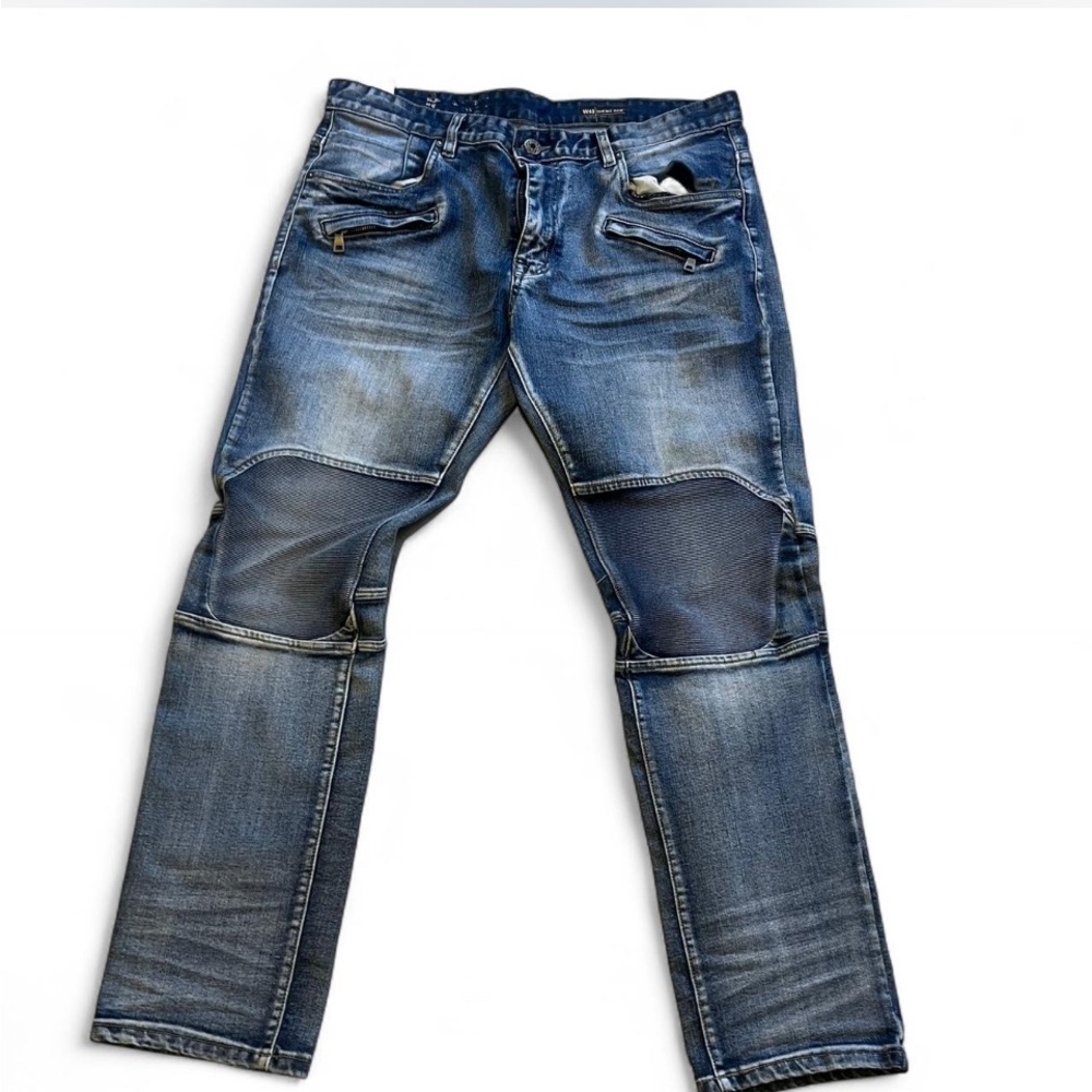 Slim Straight Men's Blue Washed Moto Jeans Smoke Rise Streetwear